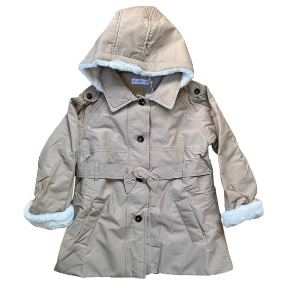 Mango Kids Other - Mango Kids Girls Tan Faux Fur Trim Hooded Belted Parka Jacket Size‎ 6 NWT